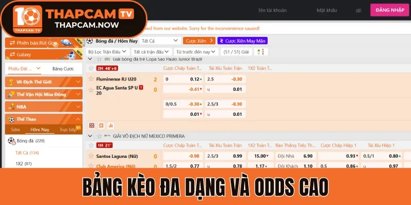 Bảng kèo đa dạng và Odds cao