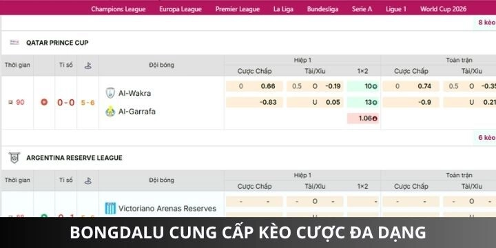 Tỷ lệ kèo đa dạng được Bongdalu cập nhật liên tục